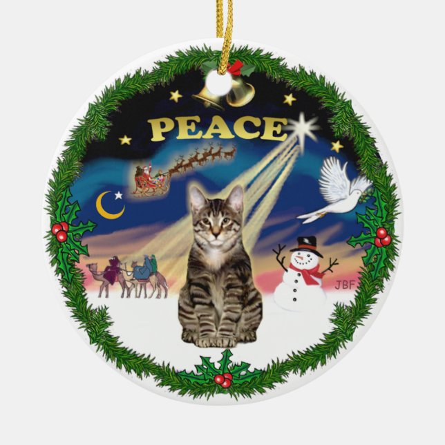 Peace Wreath - Tabby Tiger cat Ceramic Tree Decoration (Front)