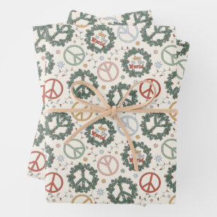Peace Wreaths and Joy to the World Pattern Wrapping Paper Sheet