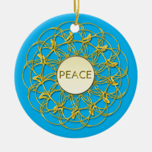 PEACE written on golden lacy on sky blue Ceramic Ornament