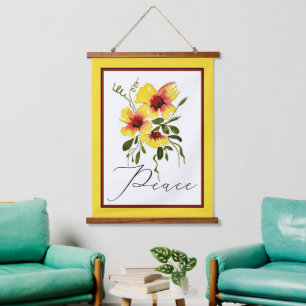 Peace yellow watercolor floral hanging tapestry