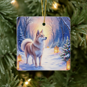 Peaceful Akita on Snow Lantern Path Christmas Dog Ceramic Ornament