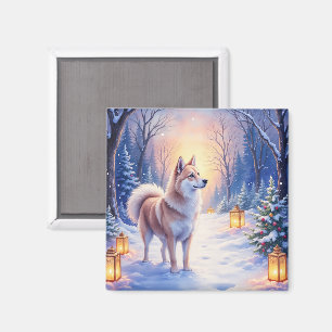 Peaceful Akita on Snow Lantern Path Christmas Dog Magnet