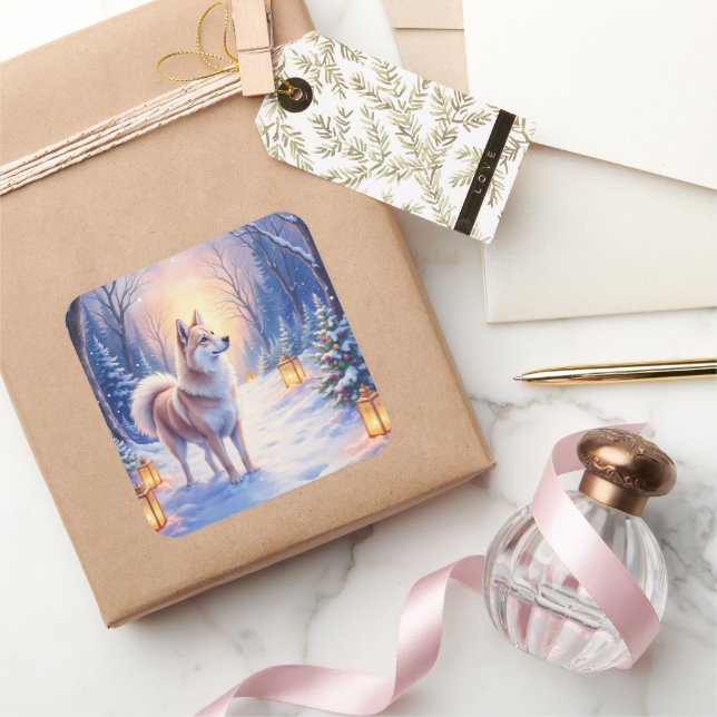 Peaceful Akita on Snow Lantern Path Christmas Dog  Square Sticker (Gifting)