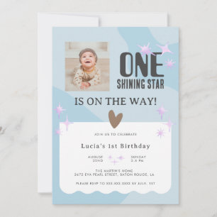 Peaceful Baby Blue Star Photo Baby 1st Birthday Invitation