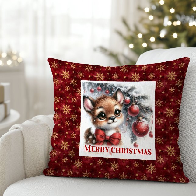 Peaceful Baby Deer Watercolor Snowy Gift Christmas Cushion (Peaceful Baby Deer Watercolor Snowy Gift Christmas pillow)