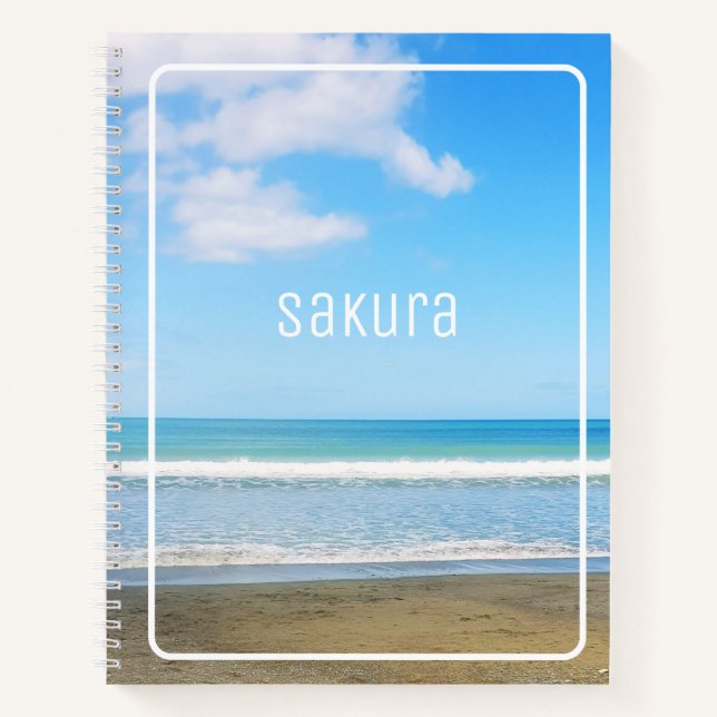 PEACEFUL BEACH PHOTO SAND BLUE SKY CLOUDS NAME NOTEBOOK (Front)