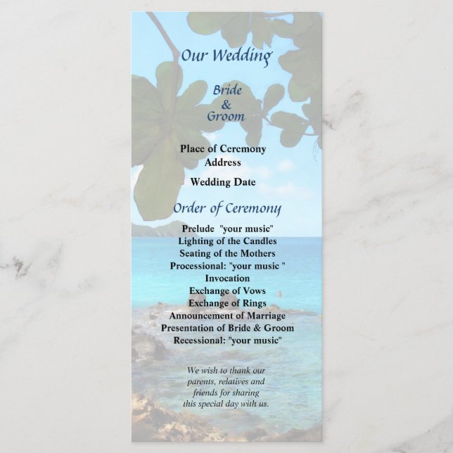 Peaceful Beach St. Thomas Wedding Program (Front)