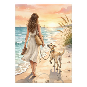 Peaceful Beach Sunset Dog Watercolor Illustration Photo Print