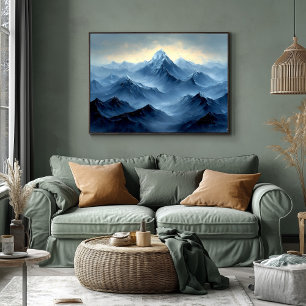 Peaceful Blue Mountain Peaks in Abstract Oil style Poster