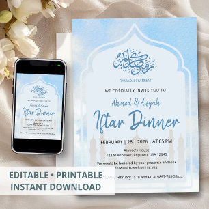 Peaceful Blue Watercolor Mosque Arch Iftar Invitation