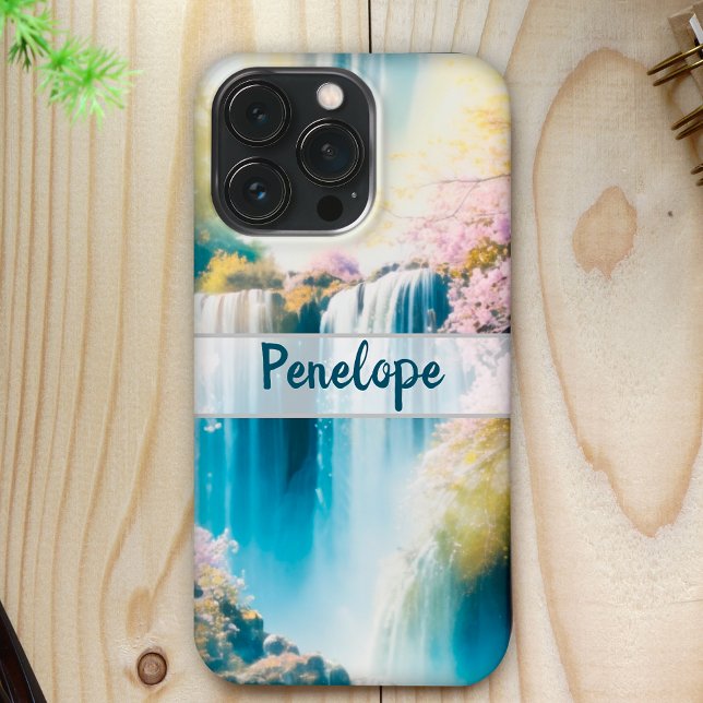 Peaceful blue waterfall, pink flowers custom iPhone case (Creator Uploaded)