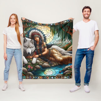 Peaceful bond: Native woman and wolf Fleece Blanket