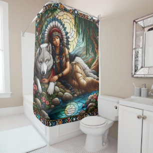 Peaceful bond: Native woman and wolf Shower Curtain