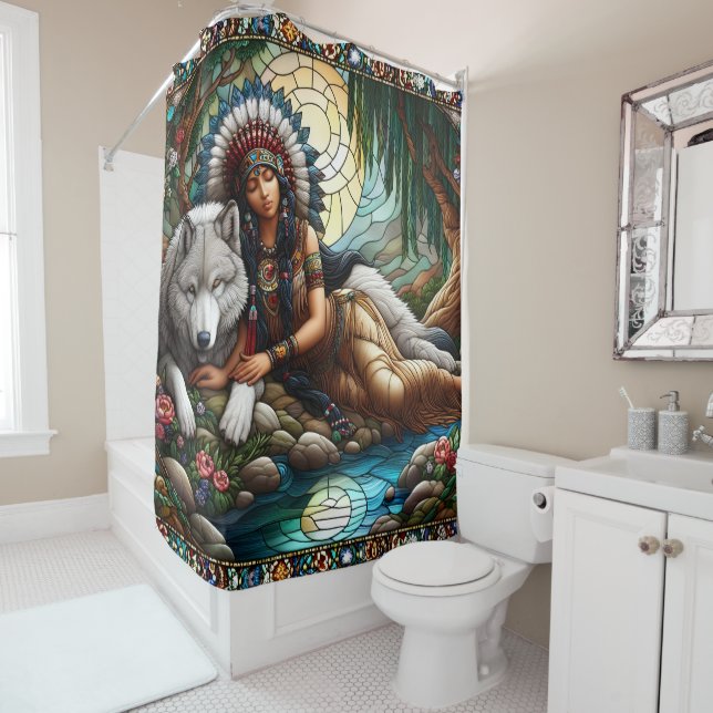 Peaceful bond: Native woman and wolf Shower Curtain (In Situ)