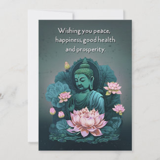 Peaceful Buddha Greeting Card with Pink Flowers