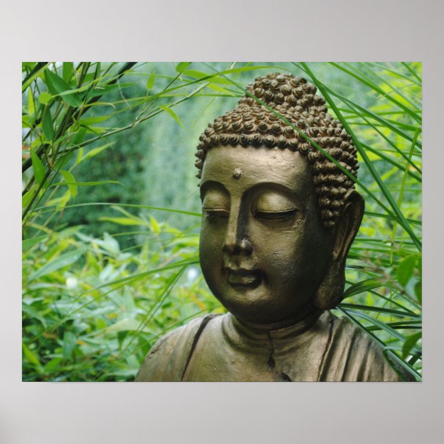 Peaceful Buddha Statue in a Leafy Green Forest Poster (Front)
