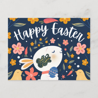 Peaceful Bunny with Easter Egg “Happy Easter” Flor Holiday Postcard
