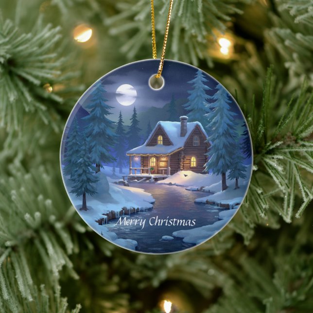 Peaceful Cabin in Winter Forest Ceramic Ornament (Tree)