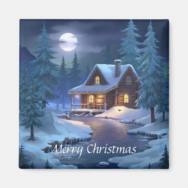 Peaceful Cabin in Winter Forest Magnet (Front)