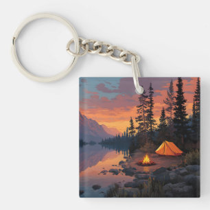 Peaceful Camping Scene by a Mountain Lake Key Ring