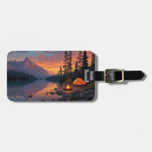 Peaceful Camping Scene by a Mountain Lake Luggage Tag