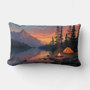 Peaceful Camping Scene by a Mountain Lake Lumbar Cushion