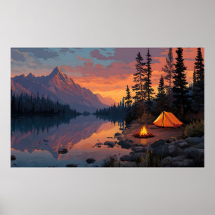 Peaceful Camping Scene by a Mountain Lake Poster