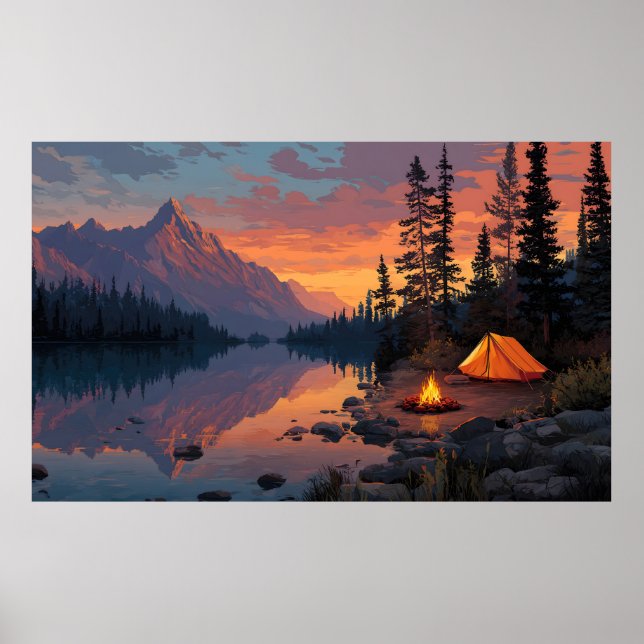 Peaceful Camping Scene by a Mountain Lake Poster (Front)