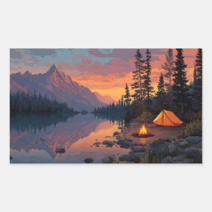 Peaceful Camping Scene by a Mountain Lake Rectangular Sticker