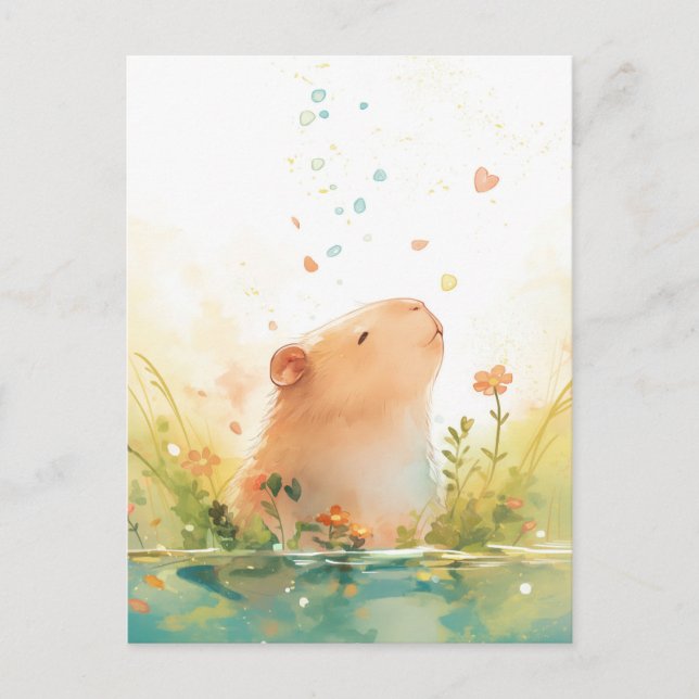 Peaceful Capybara with Heart and Falling Petals Postcard (Front)