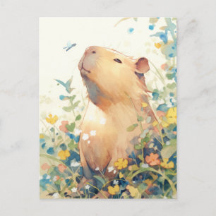 Peaceful Capybara with Small Blue Bird Postcard