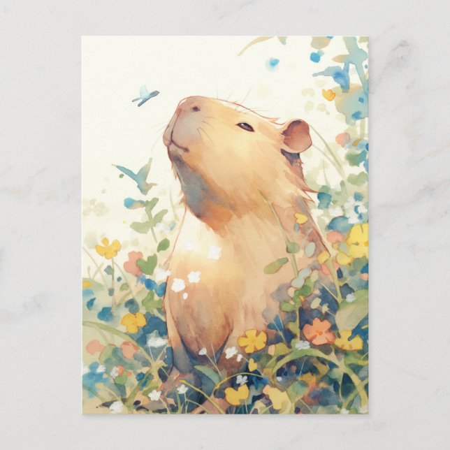 Peaceful Capybara with Small Blue Bird Postcard (Front)