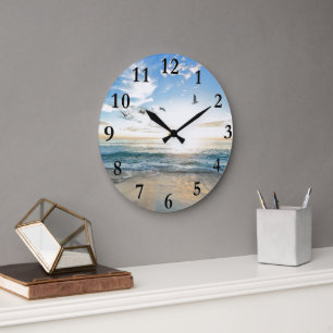  Peaceful Caribbean Tropical Beach & Birds  Large Clock