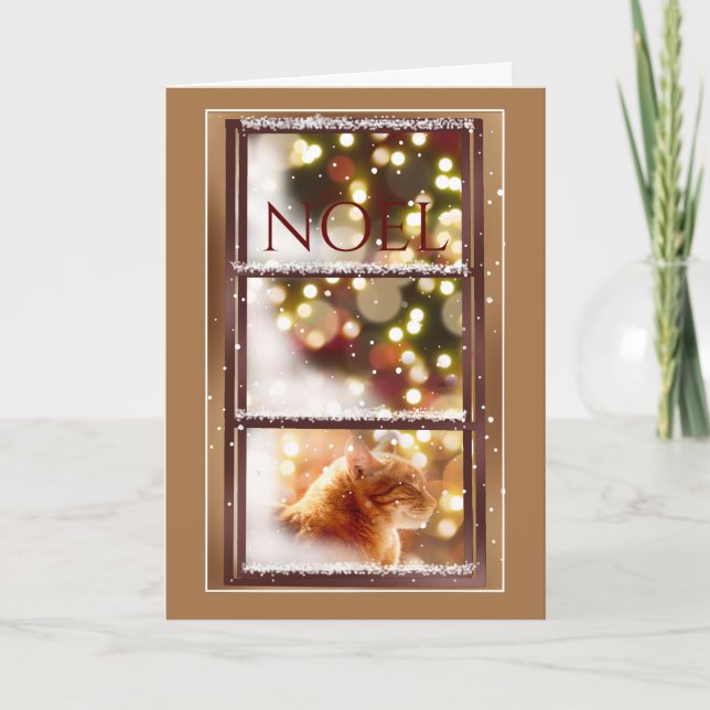 Peaceful Cat Inside a Snowy Window Christmas Card (Front)