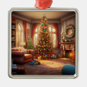 PEACEFUL CHRISTMAS MORNING WITH TREE AND PRESENTS METAL ORNAMENT