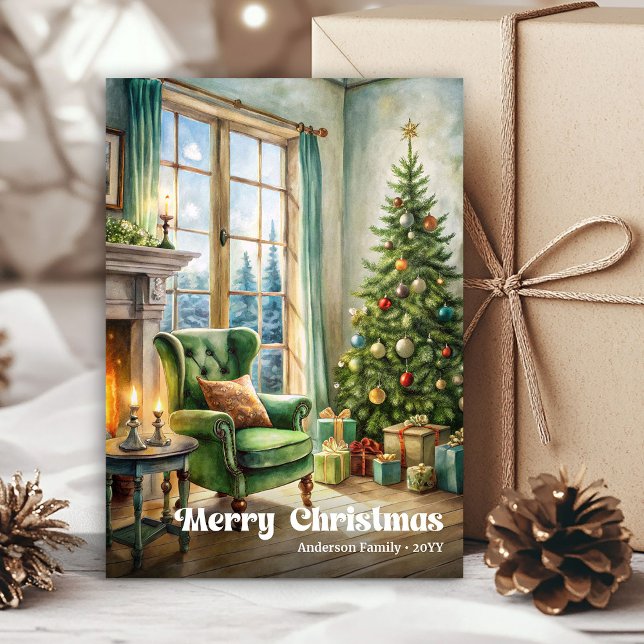 Peaceful Christmas scene card watercolor red green (Peaceful Christmas scene card watercolor red green

)