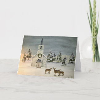 Peaceful Church and Deer Christmas Card
