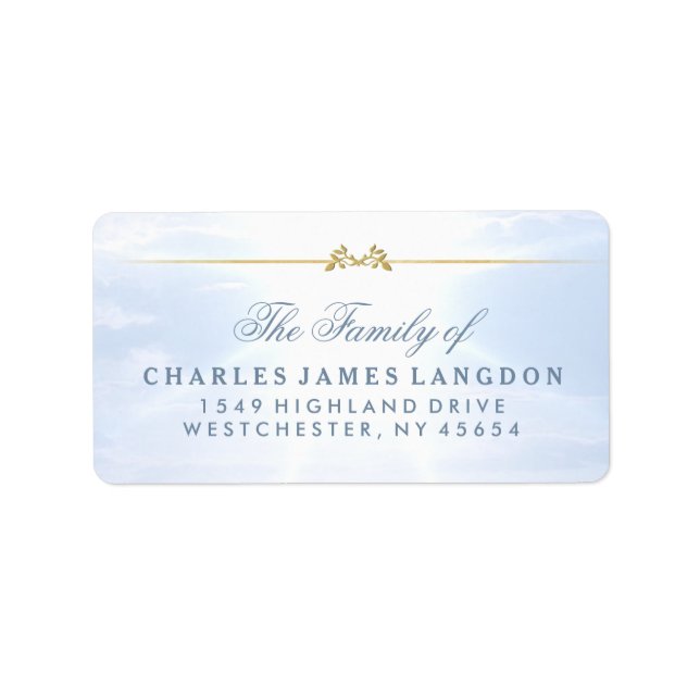 Peaceful Clouds Blue Gold Sympathy Address Labels (Front)