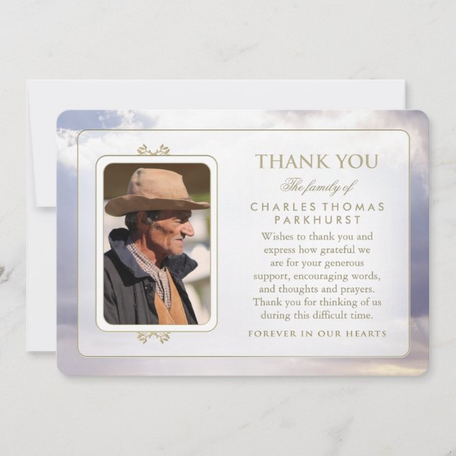 Peaceful Clouds Gold Photo Sympathy Thank You Card (Front)