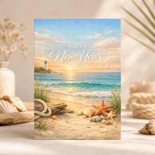Peaceful Coastal Lighthouse New Year Holiday Card
