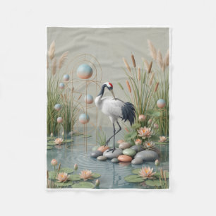 Peaceful Crane Bird Among Water Reeds Fleece Blank Blanket