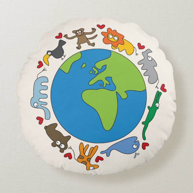 Peaceful Cute Cartoon Animals All Around The World Round Cushion (Front)