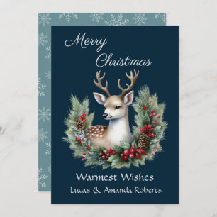 Peaceful Deer, with Holly Wreath, on Dark Blue Holiday Card