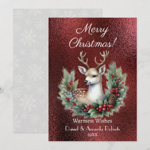 Peaceful Deer with Wreath, Faux Red Textured Holiday Card