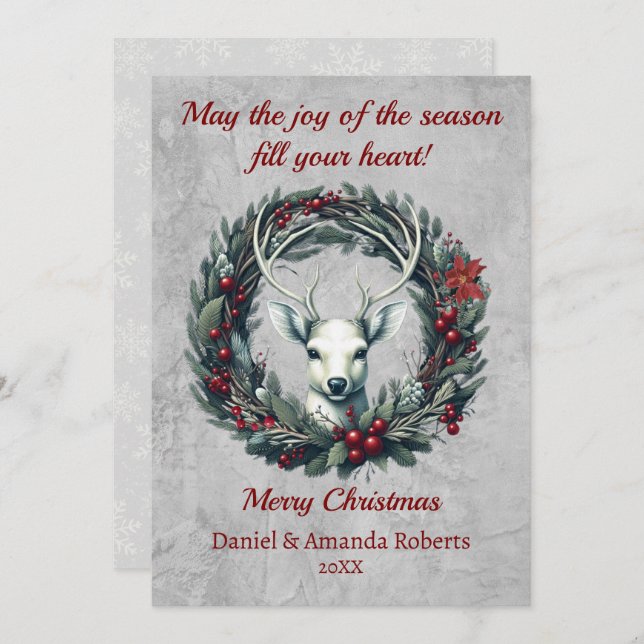 Peaceful Deer with Wreath of Holly Berries Holiday Card (Front/Back)