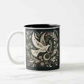 Peaceful Dove Art Mug, Floral Bird Design, Coffee Two-Tone Coffee Mug