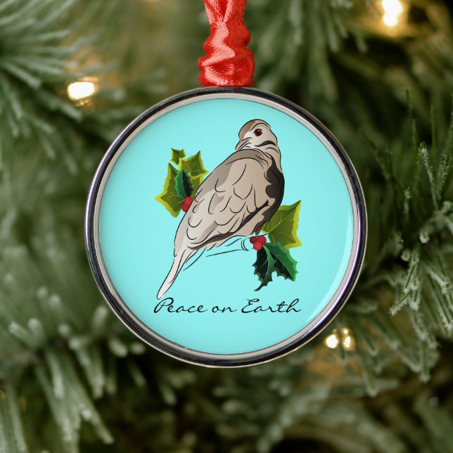 Peaceful Dove with holly and Ivy Christmas Metal Ornament (Tree)