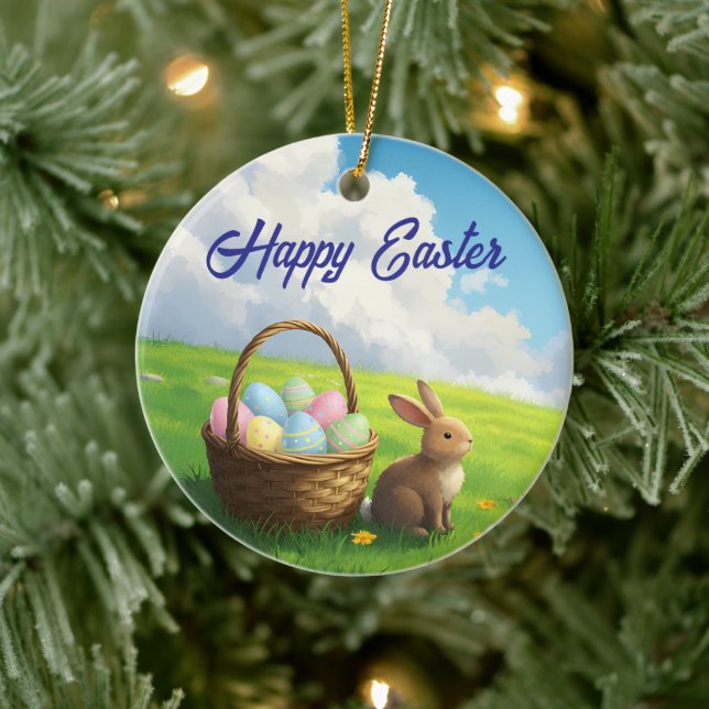 Peaceful Easter Spring Meadow Bunny & Egg Basket Ceramic Ornament (Tree)