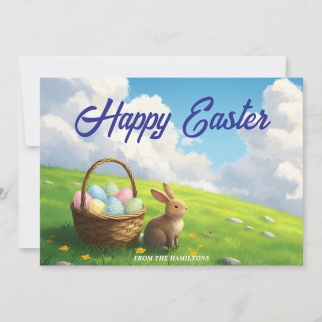 Peaceful Easter Spring Meadow Bunny & Egg Basket Holiday Card (Front)