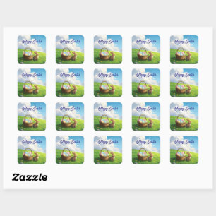Peaceful Easter Spring Meadow Bunny & Egg Basket Square Sticker